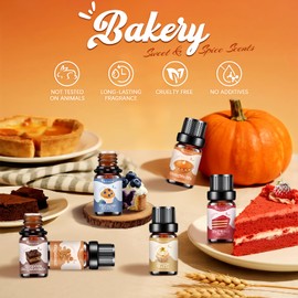 Bakery Essential Oils Set,Premium Fragrance Oil for Diffusers, Scents for Candle & Soap Making, Pumpkin Pie, Cream Vanilla, Gingerbread,Cinnamon Sugar Donut and Cake More 10x5ml,Aromatherapy Oils