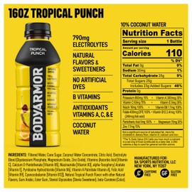 BODYARMOR Sports Drink, Tropical Punch, Electrolyte Drink Hydration, 16 Fl Oz Bottles (12 Pack), Flavored Coconut Water with B Vitamins & Antioxidants