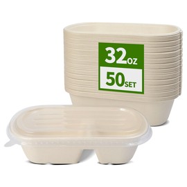 AICHEF 50 Pack 32 oz Large 2 Compartment Paper Bowls with Lids, Paper Meal Prep Containers with Compartment for Main Dish and Sides (50 Bowls 50 Lids)