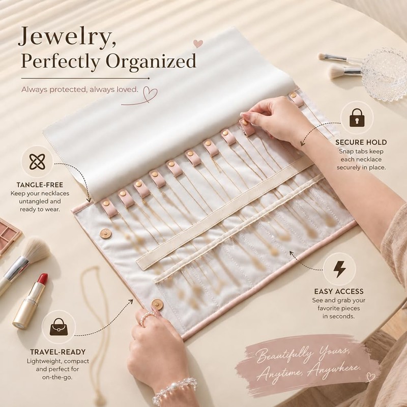 Travel Jewelry Case, 12-Slot Tangle-Free Necklace Organizer Roll, Beige