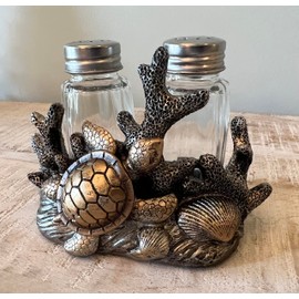 Sea Turtle Seashell Coral Salt and Pepper Shaker Set - Nautical Ocean Beach Coastal Decor