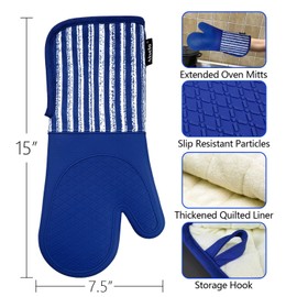 Alselo Silicone Oven Mitts Heat Resistant 932℉ with Waterproof & Non-Slip Kitchen Mittens, Set of 2 Extra Long Oven Gloves with Soft Cotton Terry Lining for Baking Cooking Barbecue (Cobait Blue, 2)