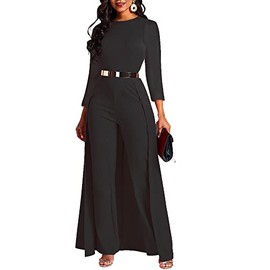 VERWIN Women Patchwork Overlay Embellished Solid Color High Waist Long Sleeve Jumpsuit, Black (black long)