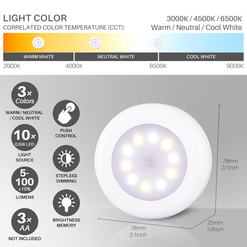 STAR-SPANGLED 4 Pack 3.1” Dimmable Push Tap Lights, Stick on