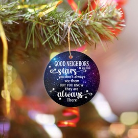 Good Neighbors are Like Star Christmas Ornament 2024 Round Christmas Tree Ornaments Keepsake Gifts for Neighbors Home Decor Flat Circle Ceramic Ornament 3" with a Gift Box