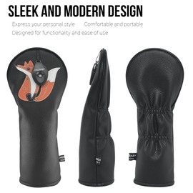Golf Driver Head Cover with Fox Design, Black Leather, Protective Club Headcover (1, 3 Wood)