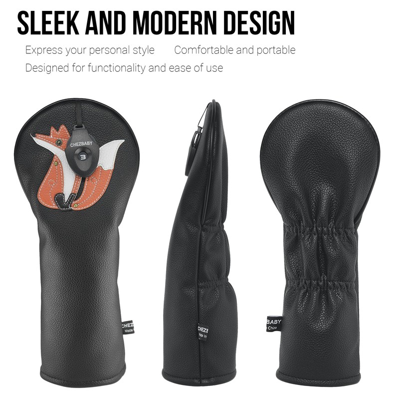 Golf Driver Head Cover with Fox Design, Black Leather, Protective