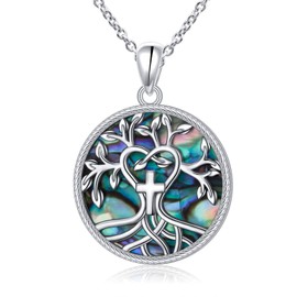 Tree of Life Necklace 925 Sterling Silver Abalone Shell Cross Pendant Religious Jewelry for Women Men Mom Wife Friend for Valentine Birthday Christmas Jewelry