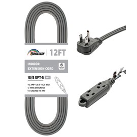 HONDERSON 3-Outlets Flat Plug Extension Cord Outlet Extender, UL Certified, Indoor Extension Cord 16 Gauge 12FT Grey 3 Prong, 16/3 SPT-3 13A Power Strip