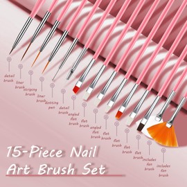 15 Pcs Nail Art Acrylic Brush Set Painting Pen Art Salon Brush Tools Nail Decoration Kit (Pink)