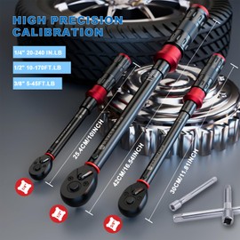 SUERCUP 1/4 3/8 1/2-inch Drive Torque Wrench - 3Pcs Torque Wrench Set 20-240in.lb, 5-45ft.lb, 10-170ft.lb, Dual-Direction Adjustable 72 Tooth Click Torque Wrench for Bicycle, Moto and Car Maintenance