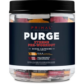 Primal Purge Xtreme Pre-Workout Variety Pack, Pineapple Orange Guava (POG) + Raspberry Lemonade Flavored (20 Stickpacks) - 300mg Caffeine Per Serving