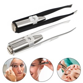 Light 2pcs Stainless Steel with LED Light, Makeup Eyelash Eyebrow Hair Removal Clips Illuminating Lighted