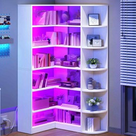 YITAHOME Corner Bookshelf with LED Light, White Bookshelf 6 Tier Corner Shelf L-Shaped Bookcase Storage Display Shelf for Home Office, Living Room, White