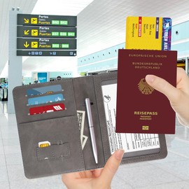 DMLuna Passport Holder Premium PU Leather Passport Wallet RFID Blocking Passport Holder Organizer with Pen Holder for Women Men Moonlight, Au - Grey, Elegant