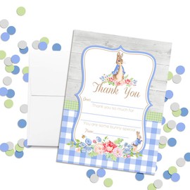 Little Rabbit Floral Thank You Notes for Boys, Ten 4" x 5.5" Fill In The Blank Cards with 10 White Envelopes by AmandaCreation