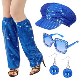 Xerteam 6Pcs 70s Disco Accessories, 70s Fancy Dress Women Accessories, Sequin Hat Frame Bling Sunglasses Earrings Leg Warmers, Disco Costume Set for Women Retro 70 Theme Party Hippie Costume