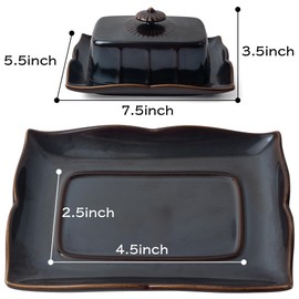Dormercy Butter Dish with Lid for Countertop, Large Ceramics Butter Dish Container, 7.5 Inch Butter Holder with Handle, Black