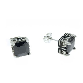 SWEETIE 8 BLACK Vintage Square Claw Setting 9.5mm Mens Unisex Stainless Steel CZ Stud Earrings , 2pc
