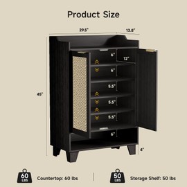 ONBRILL 24 Pair Rattan Shoe Cabinet, 6-Tier Shoe Storage Organizer Cabinet with Doors and Adjustable Shelves, Boho Wooden Shoe Rack Storage for Entryway, Hallway, Front Door, Black