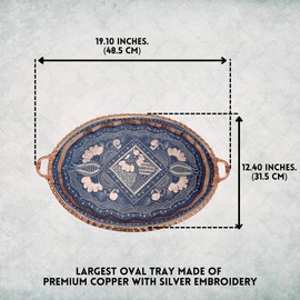 Decorative Copper Tray for Coffee Table, Coffee Bar, Serving Tray and Home Decor-Handmade Pure Copper Tray with Silver Ottoman Patterns-Elegant Oval Copper Tray with Largest Surface (Black)