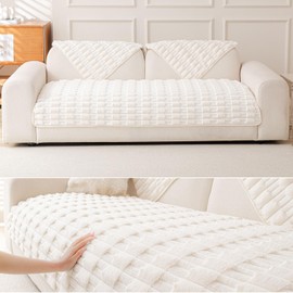 Ivory Faux Rabbit Fur Sofa Cover 35x82, Plush Couch Protector Pad