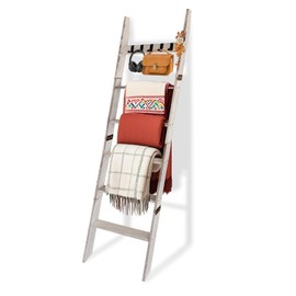 Wooden Blanket Ladder with Removable Hooks, 6-Tier 5.66 Ft (68 Inch) Rustic Blanket Rack, Blanket Ladders for Living Room & Bedroom, Easy Assembly, Perfect for Displaying Blankets&Scarves,Rustic White