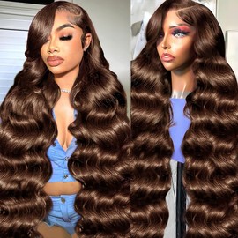 Lukymart Chocolate Brown Lace Front Wigs Human Hair Pre Plucked 13x4 HD Body Wave Lace Front Wig 180% Density Colored Frontal Glueless Brown Human Hair Wig for Women 22 Inch