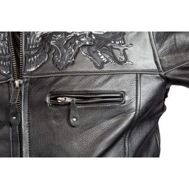 Bikers Place Mens Motorcycle High Visibility Savage Reflective Skull Gun Pocket Leather Jacket (XL)