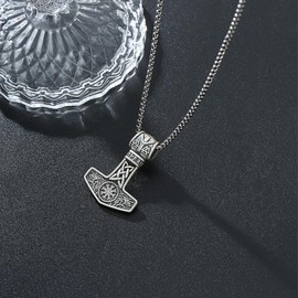 PARYFO Thor's Hammer Necklace Runes Vegvísir/Valknut/Crow Thor's Hammer Pendant Sterling Silver Viking Mjölnir Pendant Nordic Mythology Amulet Jewellery for Men Women, Sterling Silver