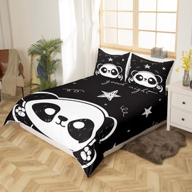 Homewish Panda Bedding Set 3pcs for Kids Boys Girls White Black Comforter Cover Cute Cartoon Pandas Stars Printed Duvet Cover Set Animal Bedspread Cover with 2 Pillow Cases(No Comforter) Full Size