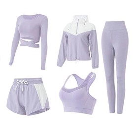 5 PCS Workout Sets for Women Yoga Running Outfit Athletic Gym Exercise Clothes Activewear Sets Tracksuit, Purple, Medium