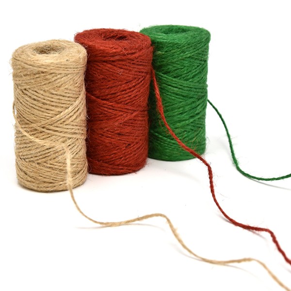 Christmas Baker’s Jute Twine, 3 Rolls of Red, Green and Natural Holiday Decorative String for Arts 'n' Crafts, Packing, Wrapping and Party Supplies, 450 Feet by Gift Boutique