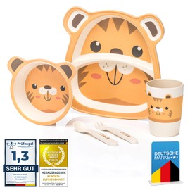 all Kids United® Children's Plastic Tableware Set, 5-Piece Tableware Set with Animal Motifs, Cup, Bowl, Plate, Spoon & Fork for Children (Tiger)