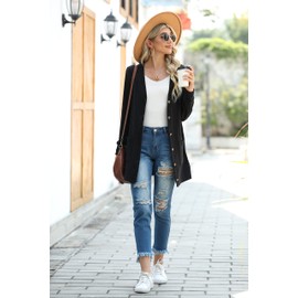 GRECERELLE Cardigan for Women Open Front Button Down Ribbed Knit Lightweight Ladies Sweater V Neck Long Sleeve Outerwears with Pockets Black-XL