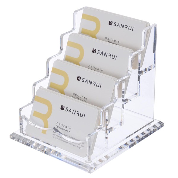 SANRUI Acrylic Business Card Holder for Desk, 4 Compartments Business