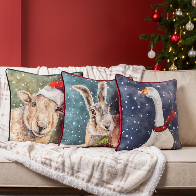 Evans Lichfield Christmas Hare Piped Cushion Cover