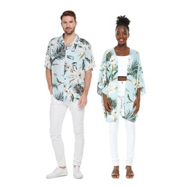 Matchable Couple Hawaiian Luau Shirt or Kimono in Wispy Cereus Light Blue, Men Shirt, 2XL