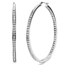 ORAZIO Stainless Steel Women Hoop Earrings Cute Huggie Earrings Cubic Zirconia Inlaid 50MM (A: Silver-tone)