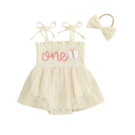 ZZLBUF Baby Girl Summer Clothes 1st Birthday Outfits Newborn Infant Sleeveless Butterfly One Romper Dress with Headband (Beige, 12-18 Months)