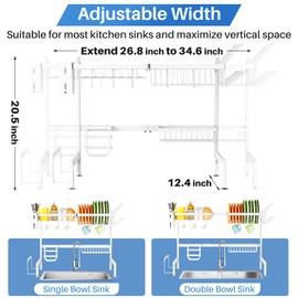 Over The Sink Dish Drying Rack - Adjustable Dish Rack for Kitchen Counter, Metal (White)