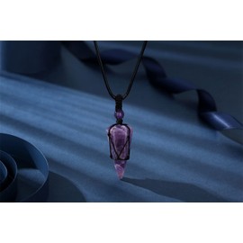 XIANNVXI Crystal Necklace Men's Hexagonal Crystal Pendant Chain Polished Gemstones Adjustable Black Leather Rope Reiki Healing Stones Necklace Women's Jewellery, Amethyst Crystal and Black Braided