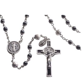 Saint Benedict Silver Italian Rosary with Black 6mm prayer beads and Silver 8mm beads Hand Crafted (Paola Carola collection)