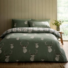 Catherine Lansfield Stag Check Reversible Single Duvet Cover Set with Pillowcase Soft Green