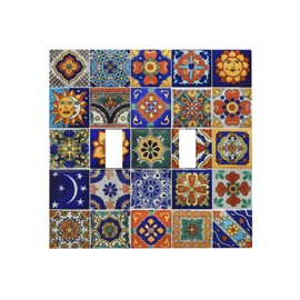 Vintage Mexican Talavera Tiles 2 Gang Light Switch Plate Cover Decorative Double Toggle Wallplate Electrical Faceplate for Kitchen Bathroom Home Decor