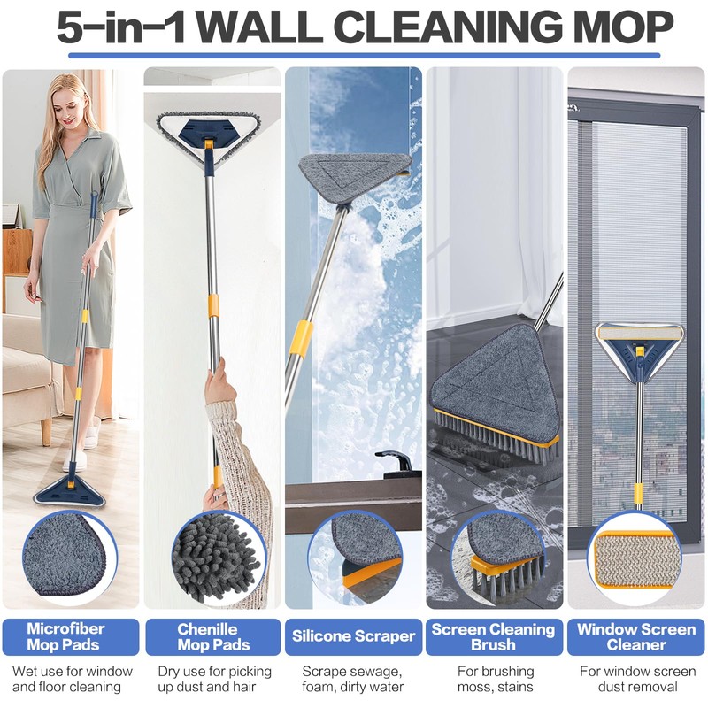 80" Wall Cleaner Mop with Long Handle, Sunoyar 360° Triangle