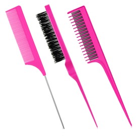 3 Pieces Hair Styling Comb Set, Includes Hair Brush Teasing Fluffy Hair Brush, Rat Tail Comb Teasing Comb and Triple Teasing Comb for Women Back Combing Hair (Pink and Black, Pink)