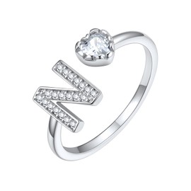 Silvora 925 Sterling Silver Heart Initial Rings for Women CZ Letter Rings Adjustable Open Rings