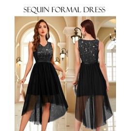 BeryLove Women's Sequin Party Dress Homecoming Formal Cocktail Swing Wedding Dressws High Low Sleeveless V-Neck Prom Gowns S003 Black XL