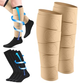 Floraltop 3 Pairs Lymphedema Compression Leg Wraps Kit 20-30 Mmhg Medical Shin Splint Wrap with Compression Socks (Nude and Black)
